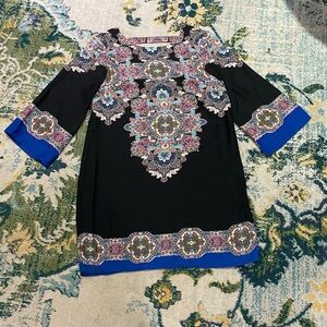 Junior size large 3/4 bell sleeve mod bohemian print black dress back cut out